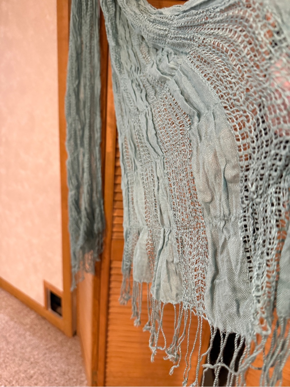 Boho Open Knit Crinkle Fringe Scarf Teal Blue Green Mesh Longline Lightweight - Picture 4 of 9
